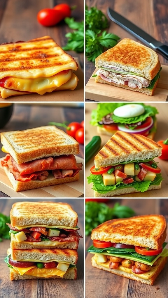 A collage of five delicious sandwiches: grilled cheese, turkey club, caprese, BLT, and veggie hummus, set on a wooden table.
